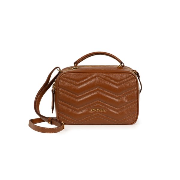 Bolsa Transversal Feminina de Couro Média Zig Zag Metalasse Caramelo