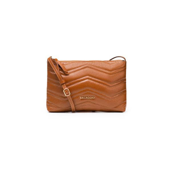 Bolsa Transversal Feminina de Couro Zig Zag Matelasse Pequena Caramelo